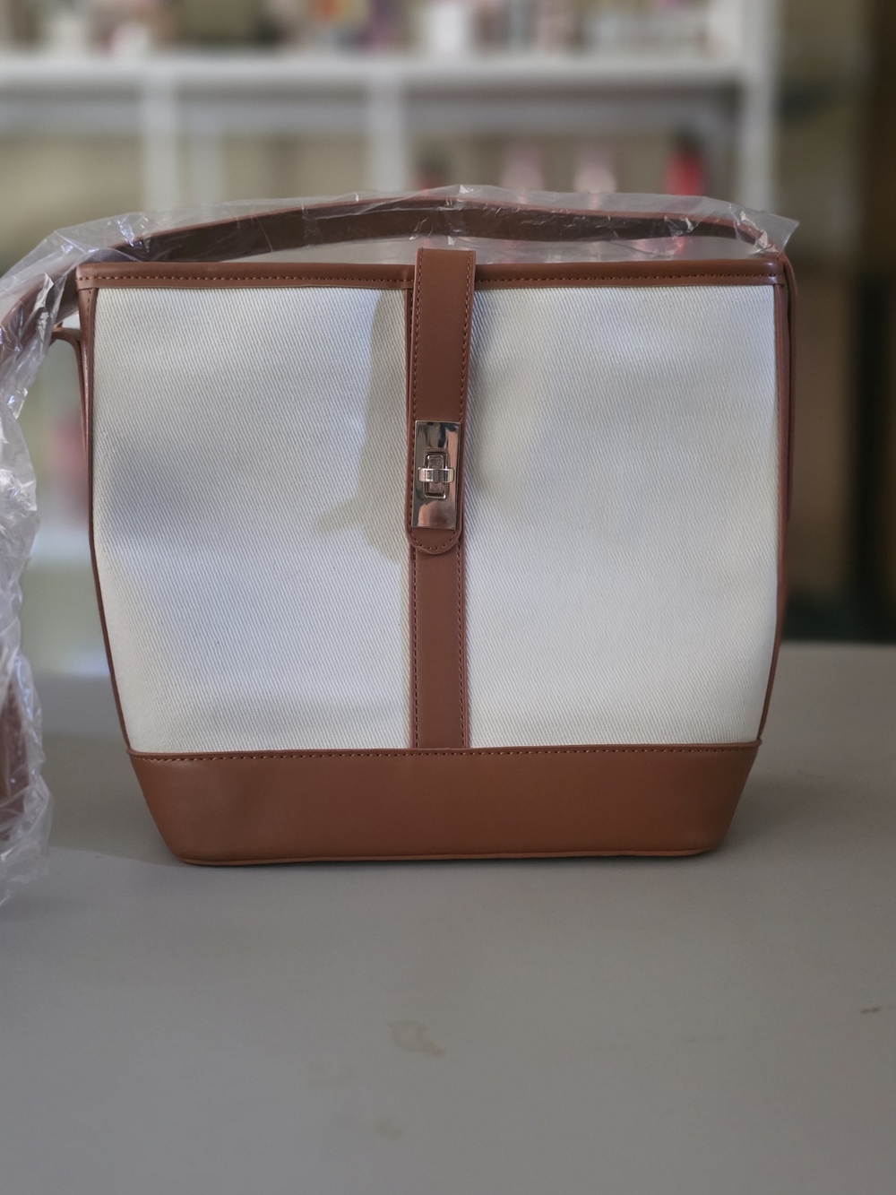Canvas and Tan Leather Bucket Tote